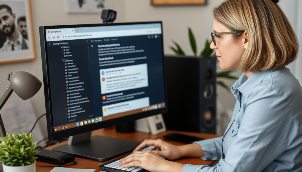 Eine Frau recherchiert nach Billige Frauen Sprüche am Computer Eine Frau recherchiert nach Billige Frauen Sprüche am Computer