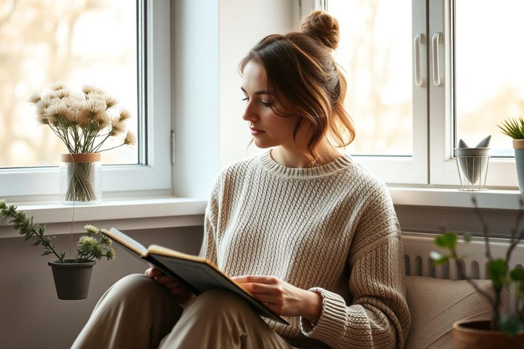 Eine nachdenkliche Frau liest motivierende Billige Frauen Sprüche in einem Notizbuch Eine nachdenkliche Frau liest motivierende Billige Frauen Sprüche in einem Notizbuch