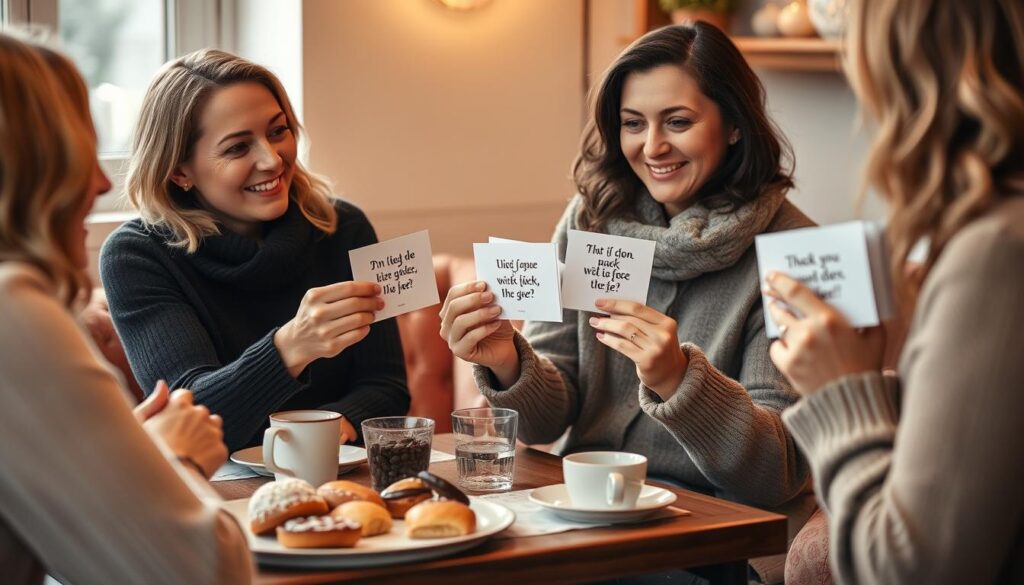 Frauen tauschen Karten mit Billige Frauen Sprüche in einer gemütlichen Runde aus Frauen tauschen Karten mit Billige Frauen Sprüche in einer gemütlichen Runde aus